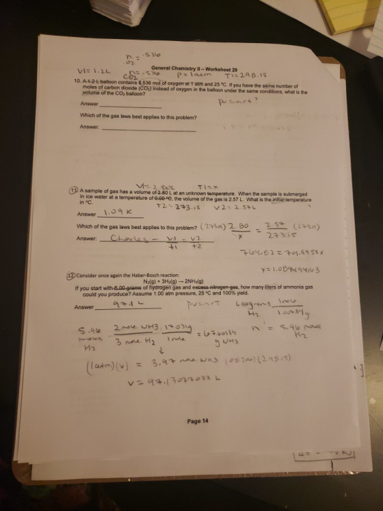 .S 3le General Chemistry II- Worksheet 29 P laum vE1.2L Tに298.IS 10. A1.2-Lbat f oxygen in the balloon under the same conditi