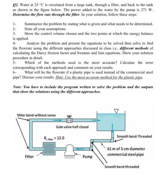 02. Water at 25 °C is circulated from a large tank, through a filter, and back to the tank as shown in the figure below. The