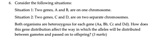 Consider the following situations: 6. Situation 1: Two genes, A and B, are on one chromosome. Situation 2: Two genes, C and D