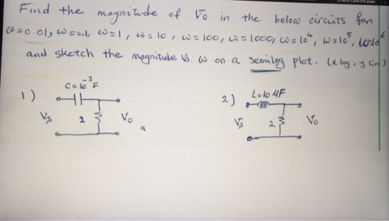 Find the menmude of Vo in the helocs eiruts 5 and sketch the Negnitudeus on a sernileg plot. (xing ) Vo