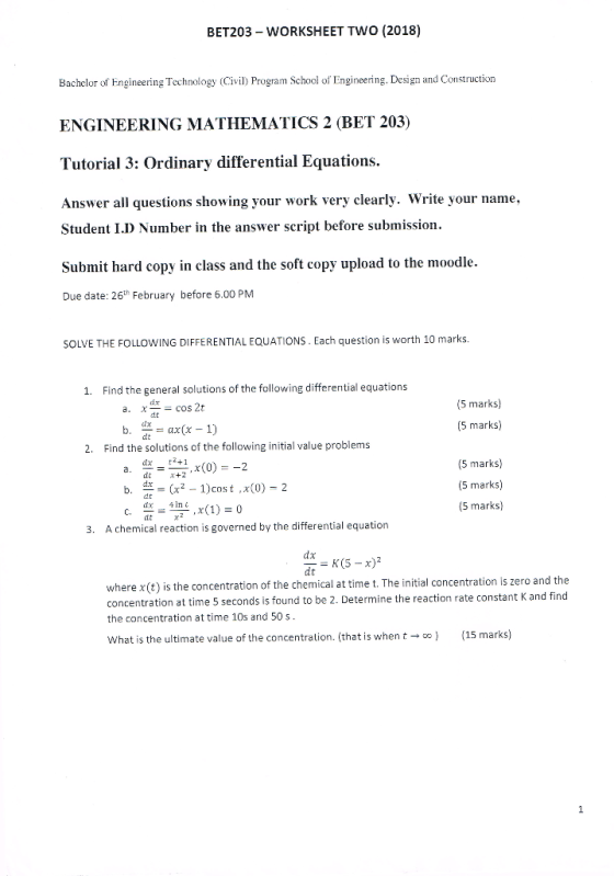 BET203-WORKSHEET TWO (2018) Bachelor of Engineering Technology (Civil) Program School of Engineering. Design and Construction