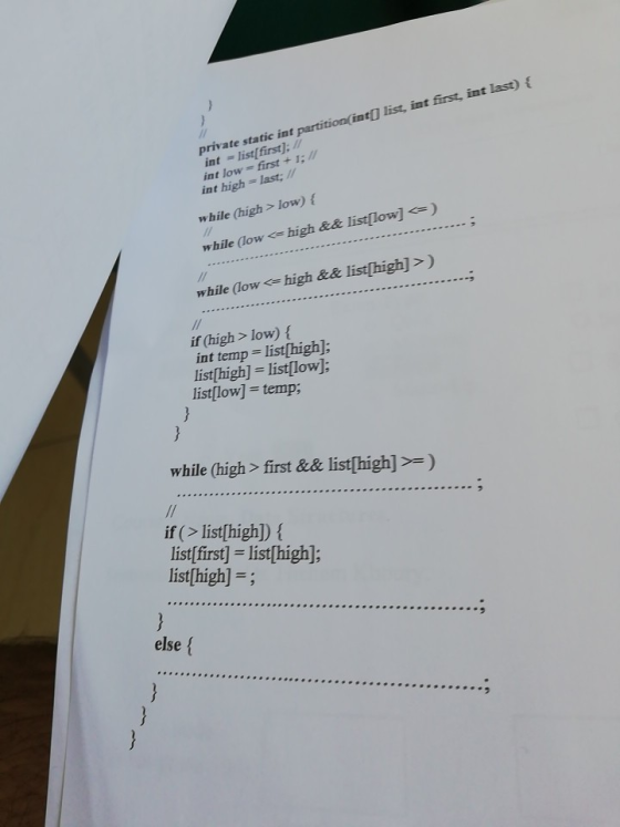 private static int partition(int] list, int first, int last) { int list[first; int low= first + 1;/ int high-last; / while (h
