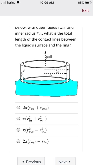 11 Sprint 10:09 AM 65% ■ Exit Delow, wiL outer rauius out du inner radius rin, what is the total length of the contact lines