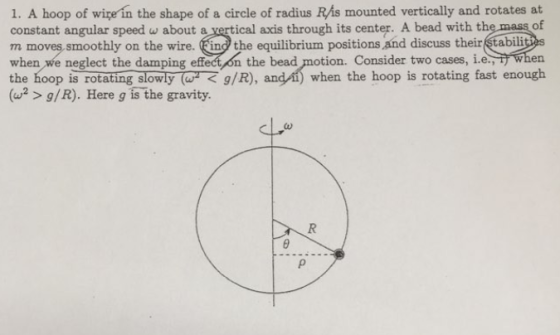 1. A hoop of wire in the shape of a circle of radius RAs mounted vertically and rotates at constant angular speed w about a v