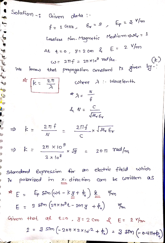 Solution - Givem da-ta Lossless Nen.Moamehc Medium妼4-1 CR) cshese A :- Wavelenth 20П Yad expmessiom for an elechric fteld ich