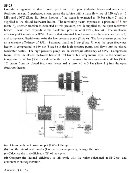 SP-25 Consider a regenerative steam power plant with one open feedwater heater and one closed feedwater heater. Superheated s