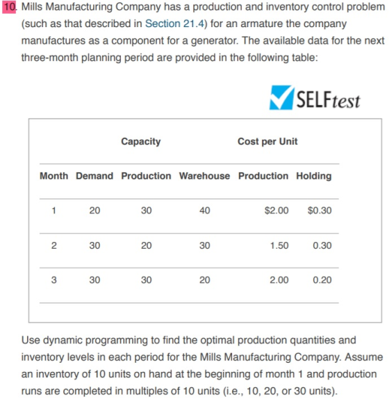 10. Mills Manufacturing Company has a production and inventory control problem (such as that described in Section 21.4) for a