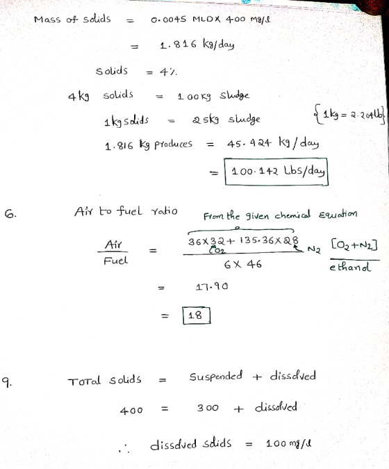 Mass of sdids O. O04S MLDX 400 Ma/ .816 k9/day Solids 47 4 kg solids o0 Kg Sudge 2 skg sludge 1ksdids 45. 434 kg/ day 1.16 kg