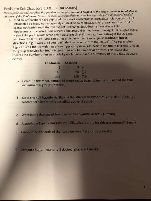 Problem Set Chapters 10 & 12 [44 MARKS] Please print out and complete this problem set on your own and bring it to the next e
