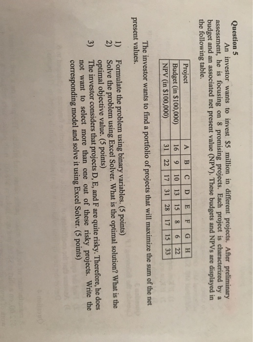 Question 5 An investor wants to invest $5 million in different projects. After preliminary assessment, he is focusing on 8 pr