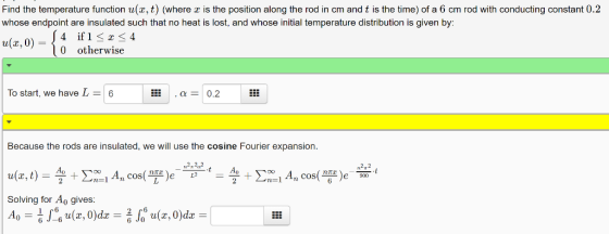 Find the temperature function u(x,t) (where is the position along the rod in cm and t is the time) of a 6 cm rod with conduct
