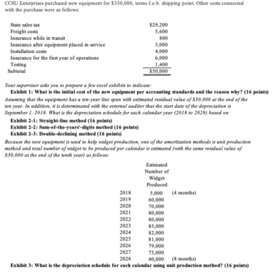 CSU Enterprises purchased new equipment for $350,000, terms f.о.b. shipping point. Other costs connected with the purchase we