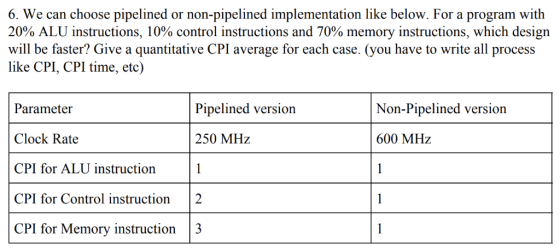 6. We can choose pipelined or non-pipelined implementation like below. For a program with 20% ALU instructions, 10% control i