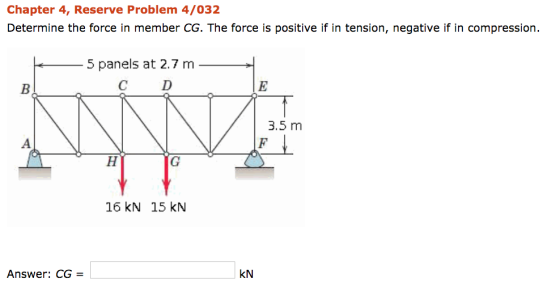 Chapter 4, Reserve Problem 4/032 Determine the force in member CG. The force is positive if in tension, negative if in compre