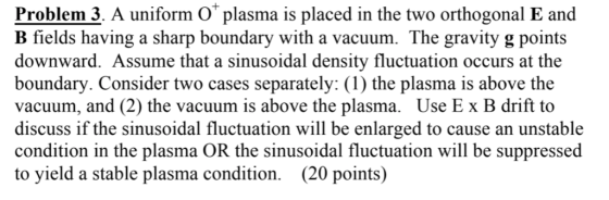 Problem 3. A uniform O plasma is placed in the two orthogonal E and B fields having a sharp boundary with a vacuum. The gravi