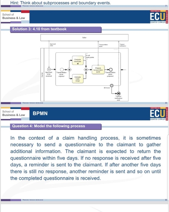 Hint: Think about subprocesses and boundary events AULTRALEA ECU School of Business & Law EDITH COWAN Solution 3: 4.10 from t