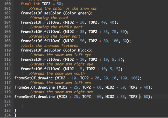 50; final int TOP2 //sets the color of the snow man 100 101 frameSetOf.setColor (Color.green); //drawing the head frameSet0f.