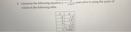 4. Linearize the following equation y1t bear and solve it values in the following table -4 1.9 2 97 1.2 나1 0.22 3 0.0041