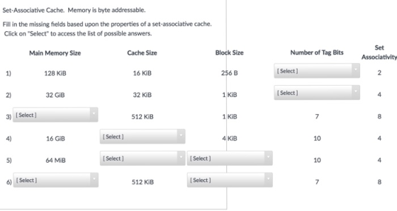 Set-Associative Cache. Memory is byte addressable. Fill in the missing fields based upon the properties of a set-associative
