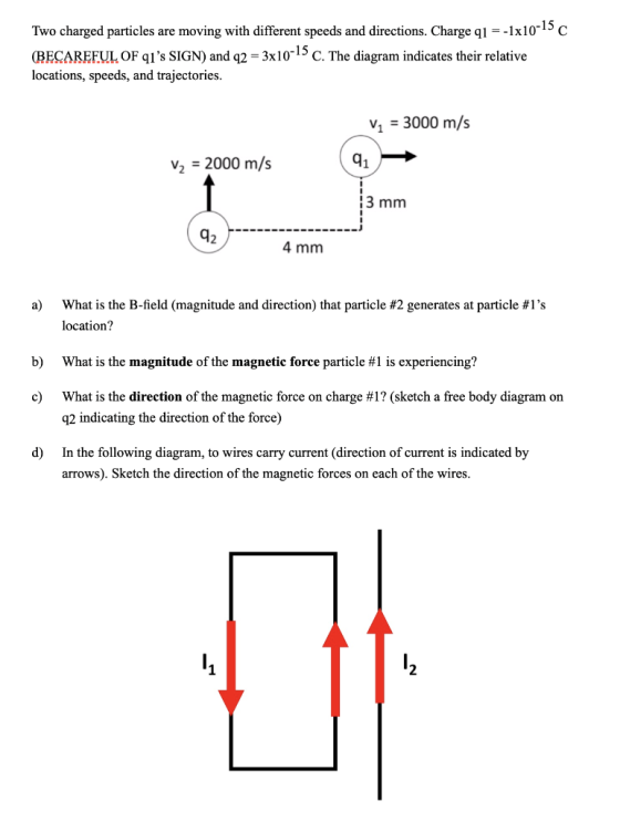 15 Two charged particles are moving with different speeds and directions. Charge q,--110. C BECAREFUL OF q1s SIGN) and q2 -3