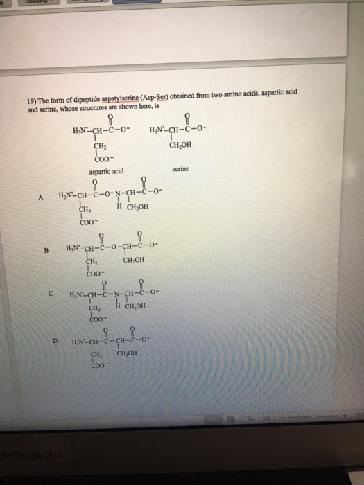 19) The form of dipeptide aspatylserine (Asp-Ser) obtained from two amino acids, aspartic acid and serine, whose structures a