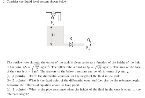 2. Consider the liquid level system shown below - 0 The outflow rate through the outlet of the tank is given varies as a func