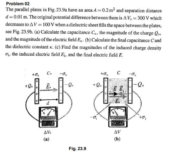 Problem 02 The parallel plates in Fig.23.9a have an area A 0.2 and separation distance d 0.01 m. The original potential diffe