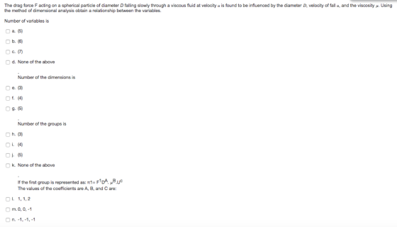 The drag force F acting on a spherical particle of diameter D falling slowly through a viscous fluid at velocity u is found t