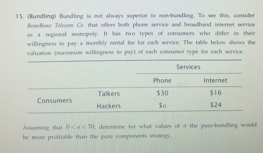 15. (Bundling) Bundling is not always superior to non-bundling. To see this, consider BonoBono Telecom Co. that offers both p