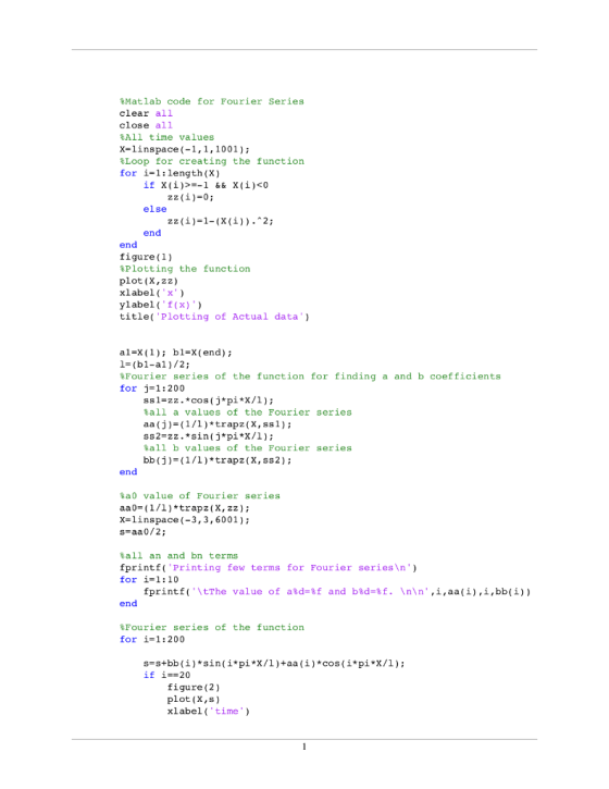 Matlab code for Fourier Series clear all close all &All time values Xlinspace(-1,1,1001) creating the function for Xi X(i)<0