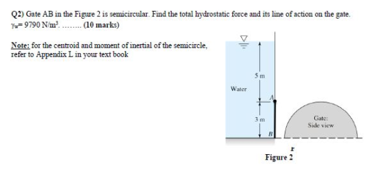 Q2) Gate AB in the Figure 2 is semicircular. Find the total hydrostatic force and its line of action on the gate Yo9790 N/m2