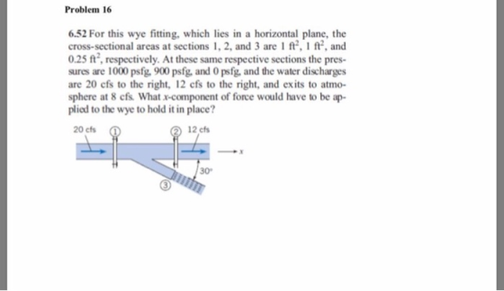 Problem 16 6.52 For this wye fitting. which lies in a horizontal plane, the cross-sectional areas at sections 1, 2, and 3 are