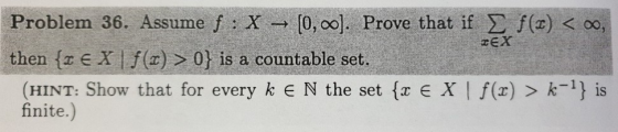 Problem 36. Assume f : X → [0, oo]. Prove that if Σ f(x) < 00, then {x E X (z) > 0} is a countable set. (HINT: Show that for