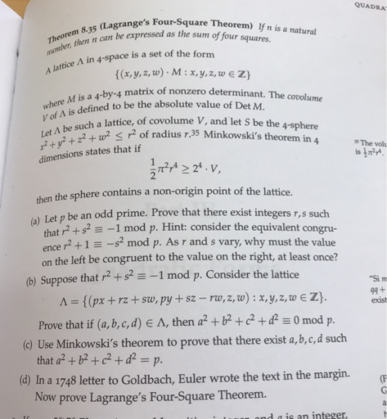 QUADRA ranges Four-Square Theorem) If n is a natural be expressed as the sum of four squares. insmber, then n cam be express