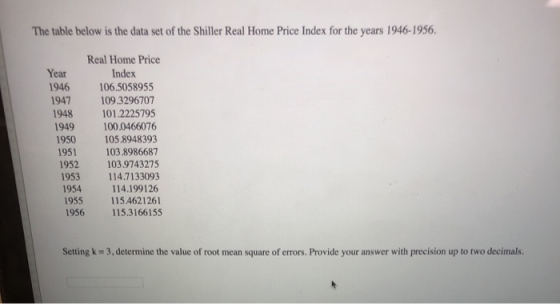 The table below is the data set of the Shiller Real Home Price Index for the years 1946-1956 Real Home Price Year 1946 Index