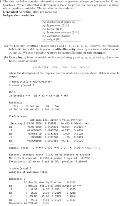. The data set below contains information about the gasoline mileage performance for 32 au- tomobiles. We are interested in d