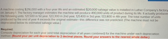A machine costing $216,000 with a four year life and an estimated $20,000 salvage value is installed in Luther Companys fact