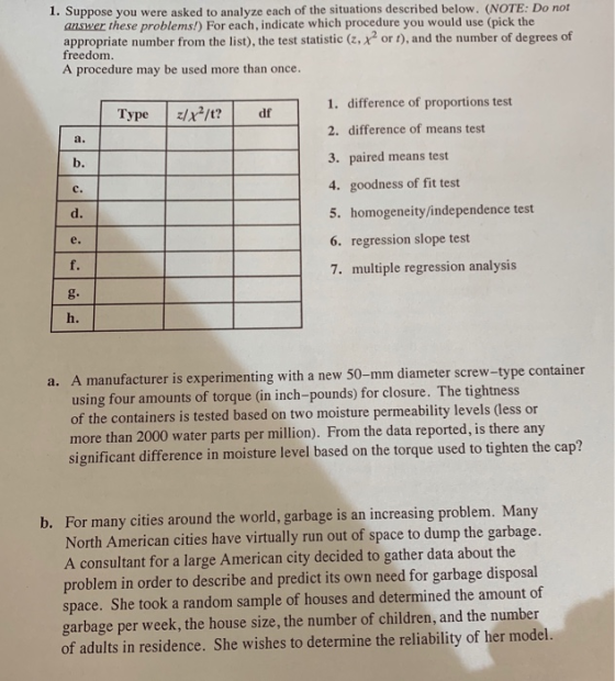 1. Suppose you were asked to analyze each of the situations described below. (NOTE: Do not answer these problems!) For each,