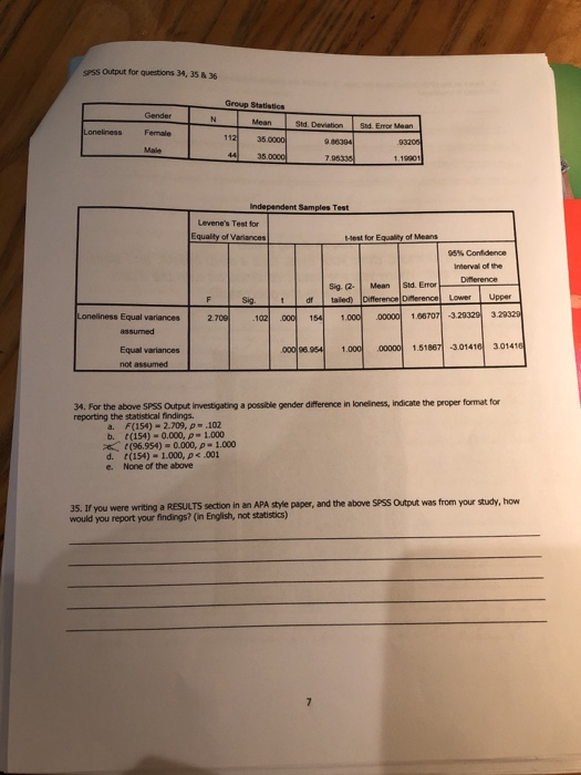 spss output for questions 34, 35 & 36 Group Statistics Gender Mean Std. Deviation Std. Error Mean Loneliness Female 112 35.00