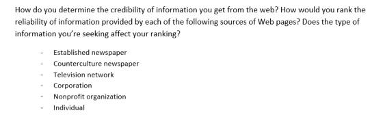 How do you determine the credibility of information you get from the web? How would you rank the reliability of information p