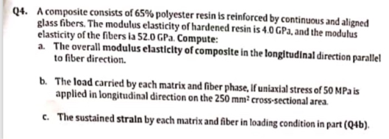 Acomposite consists of 65% polyester resin is reinforced by continuous and aligned glass fibers. The modulus elasticity of ha