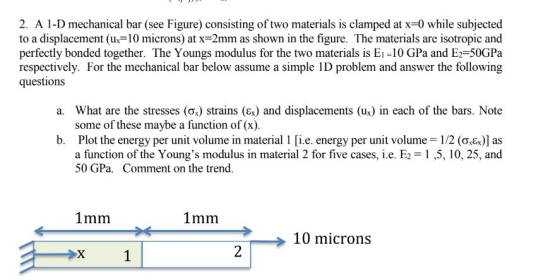 2. A 1-D mechanical bar (see Figure) consisting of two materials is clamped at x-0 while subjected to a displacement (u 10 mi