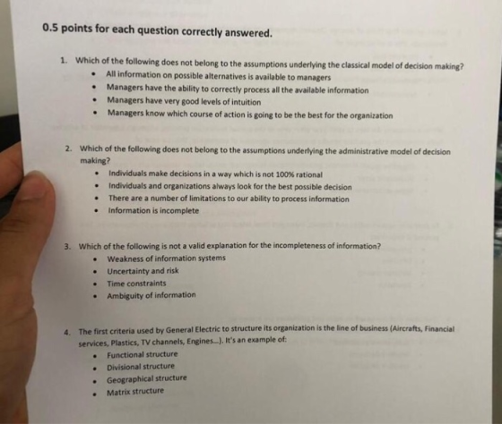 0.5 points for each question correctly answered. Which of the following does not belong to the assumptions underlying the cla