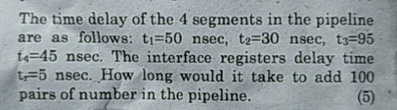 The time delay of the 4 segments in the pipeline are as follows: ti=50 nsec, t2=30 nsec, t=95 t4 45 nsec. The interface regis