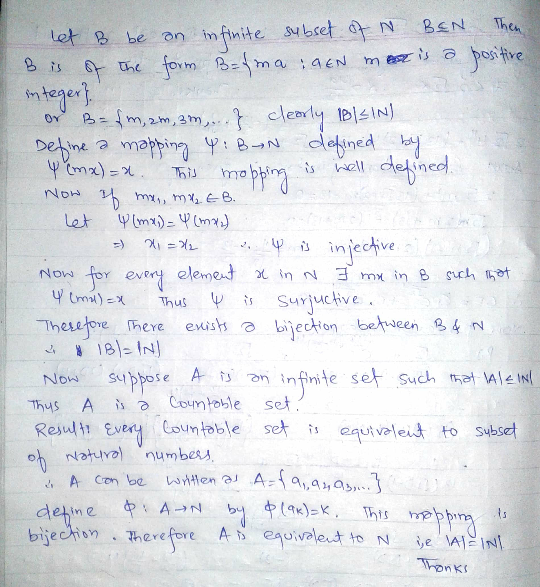 let B be on infinite subset-at N BEN Then the ex t s injecive Now or every eleme χ in n 3mx in B such net Theeoe ere exishbje