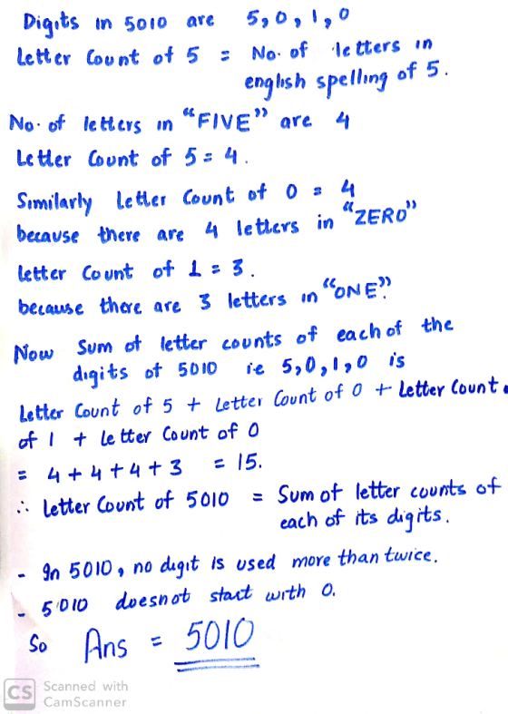 Diqts in 5010 are 5,0,,° Letter Count of 5 = No. of letters ,n enghsh spelling of 5 No of le tlcrs n FIVE are 4 Leer Covnt