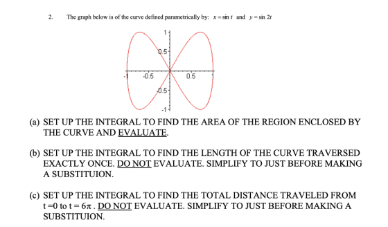 The graph below is of the curve defined parametrically by: x-sin t and y- sin 2t -0 5 0.5 -1 (a) SET UP THE INTEGRAL TO FIND