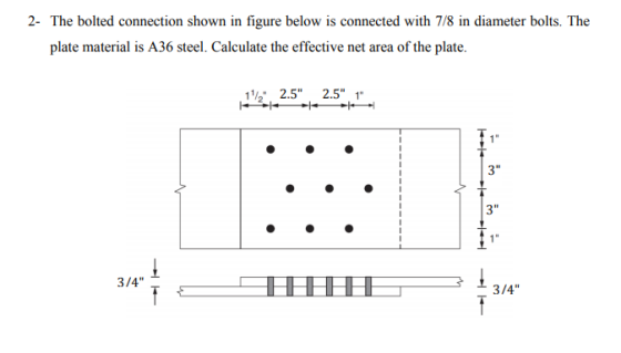 2- The bolted connection shown in figure below is connected with 7/8 in diameter bolts. The plate material is A36 steel. Calc