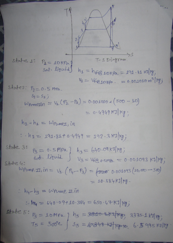T-s DiTow Sat.liguid hs hfes0xf =0.00.010 m3tı.y vfe.logfa. state: 0.5 Ma. Stode. 3: Stote 4: 0.001013 (10,000-5 State 5: