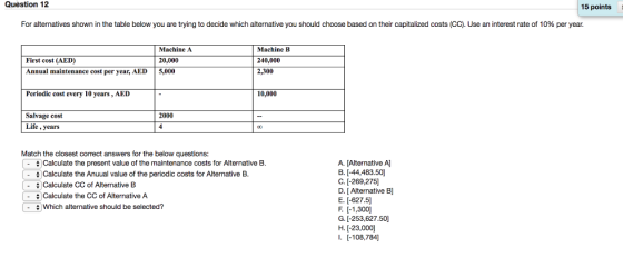 Question 12 15 points For alternatives shown in the table below you are trying to decide which alternative you should choose